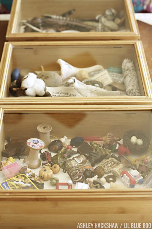 Using Shadow Boxes to display trinkets and other found objects- rock and mineral display boxes  