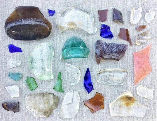 A collection of glass in a found object collage