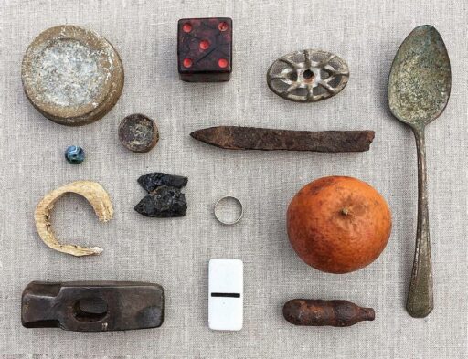 Things found at the Sixty-One Park farmhouse - metal detecting - found object collage 