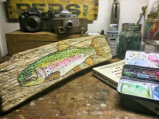 Daily Painting on Driftwood - Rainbow Trout