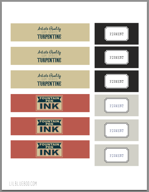 Printable vintage inspired art supply labels for fountain ink pigment and turpentine 