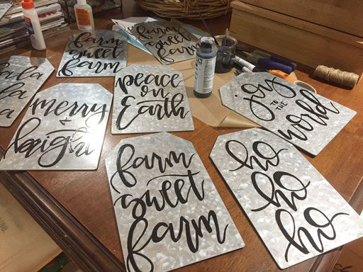 DIY Farmhouse Ornaments - Galvanized Metal Tags with Calligraphy - Farm Sweet Farm 